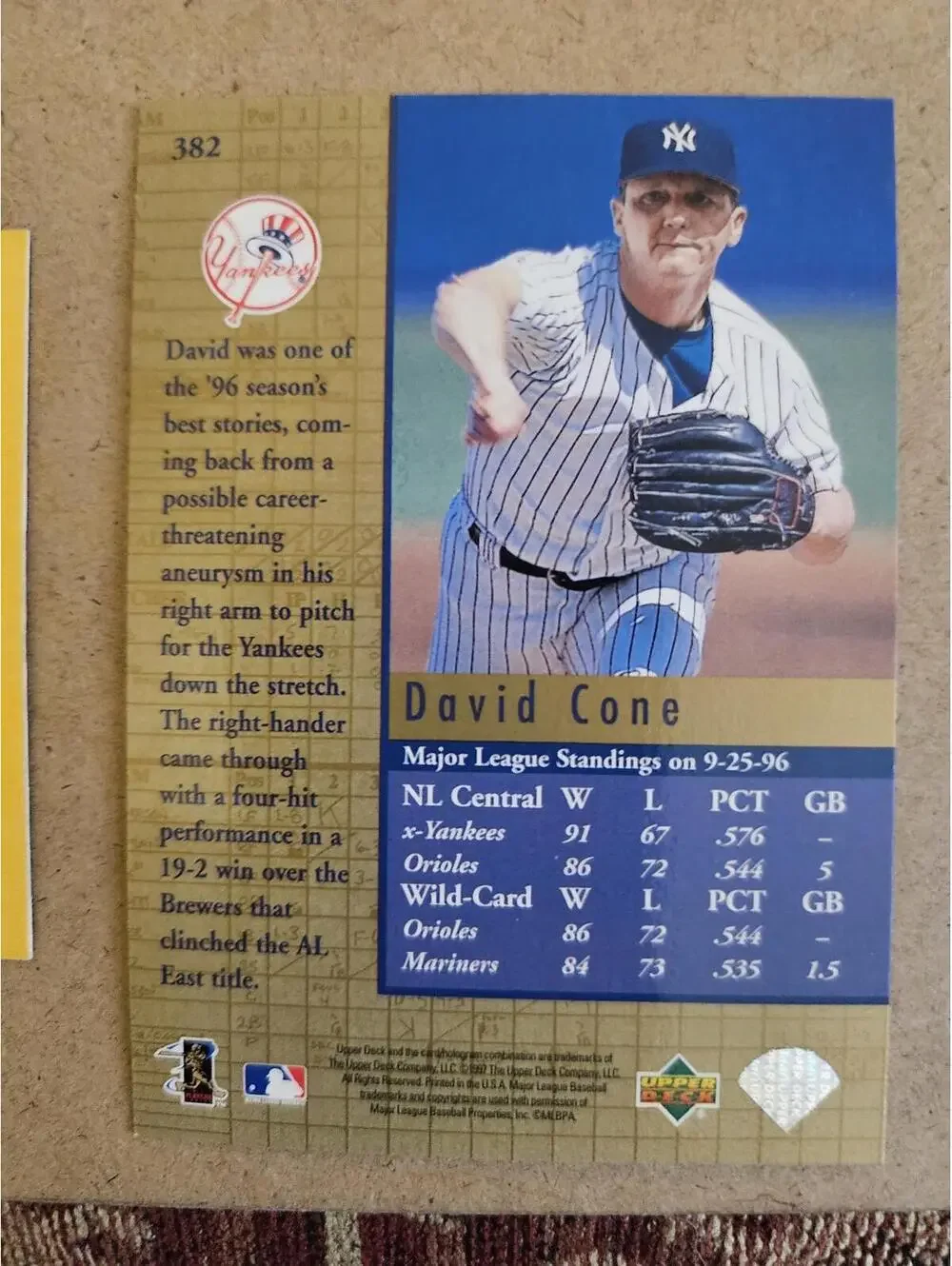 1997 Upper Deck Capture The Flag #382 DAVID CONE, New York Yankees